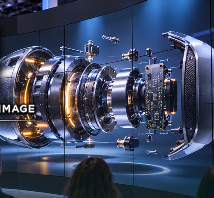 An exploded 3D product visualization displayed on a large tradeshow video wall